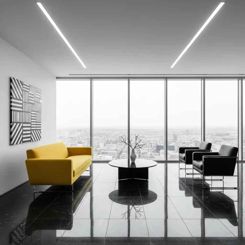 Sleek living room with yellow sofa