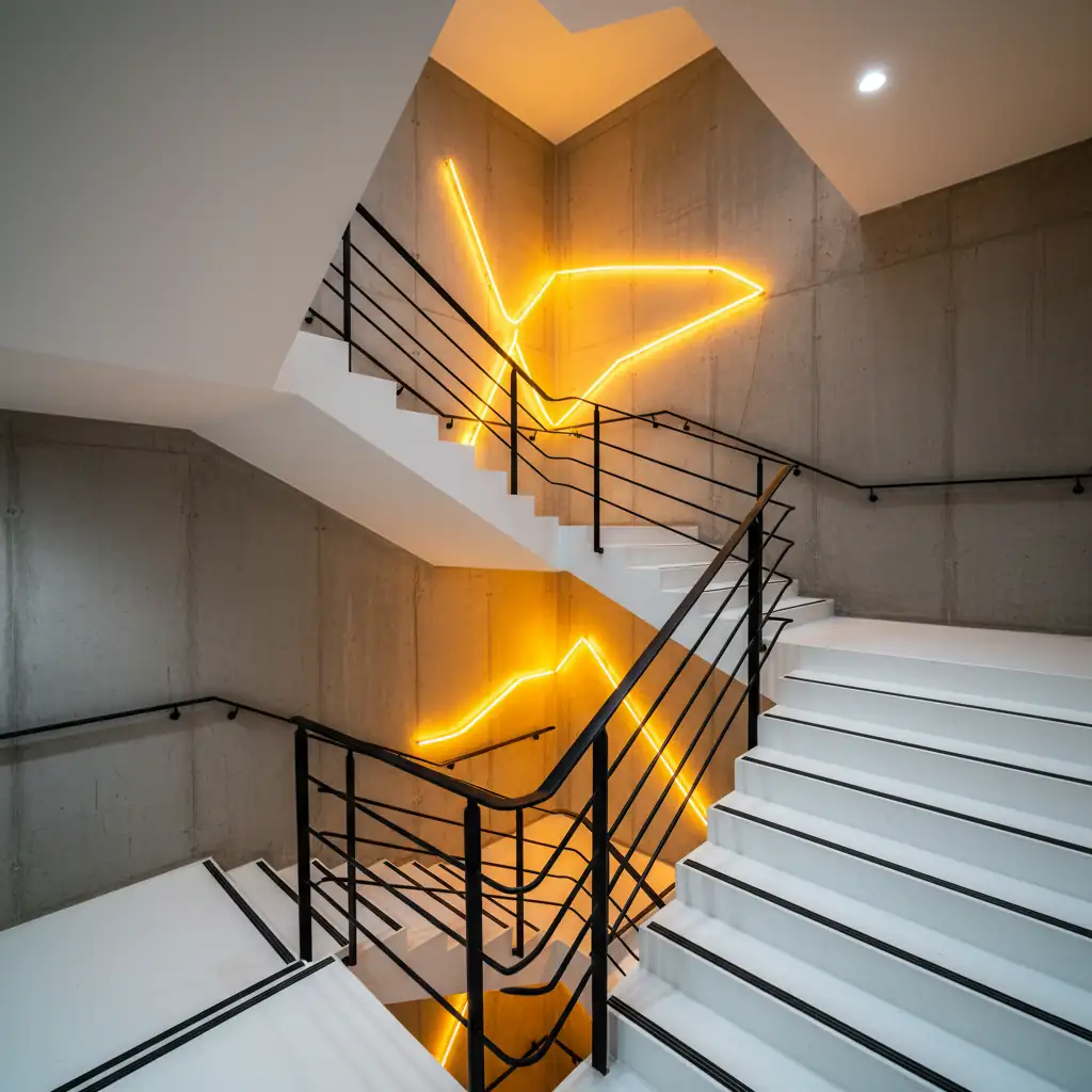 Modern staircase with neon art